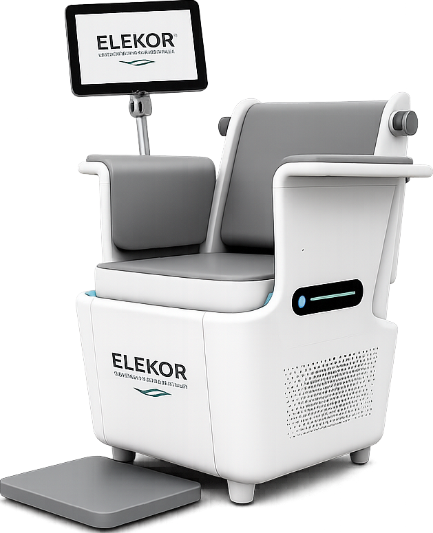 ELEKOR chair with gray cushions, control screen and foot platform